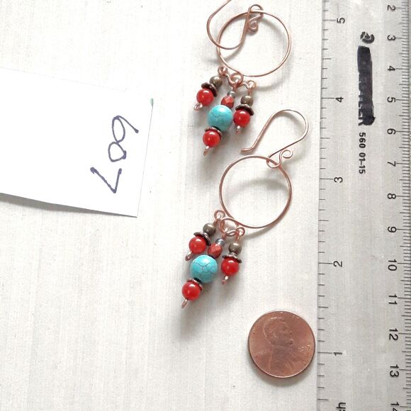 artisan earrings 607#mfs South Western blue stone red fringe dangle hoop earring - Picture 3 of 5